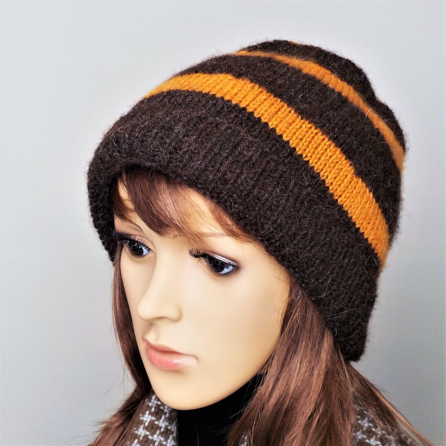 British wool beanie natural dark brown Jacobs with orange stripes
