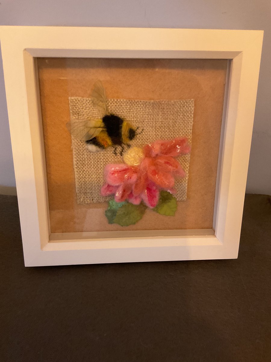 Needle Felted Bumblebee and Flower Boxed Frame