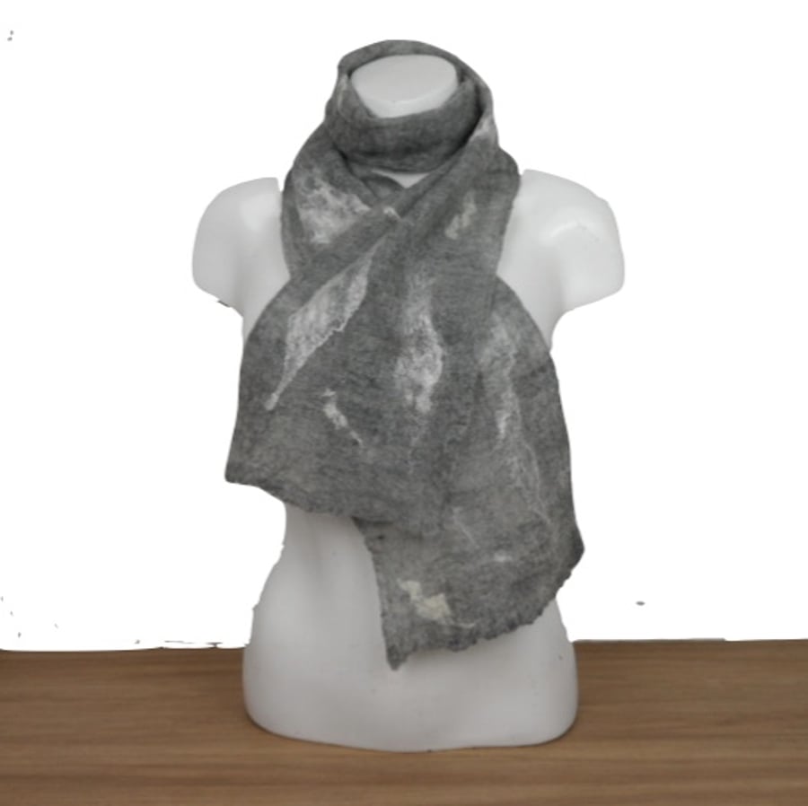 Fine, lightweight grey merino wool felted scarf with silk embellishment