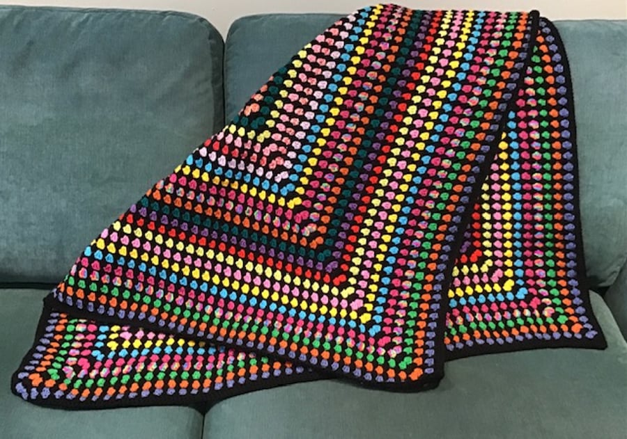 Crochet retro-style blanket in multicolour and black.  Free delivery!