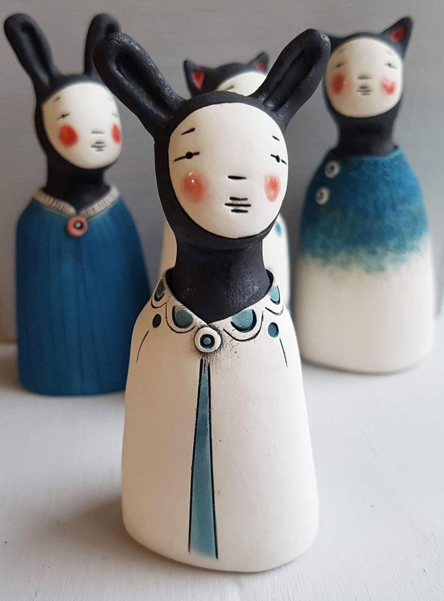 Ceramic Miniature Figurine - Bunny Peculiar Person in blue cape