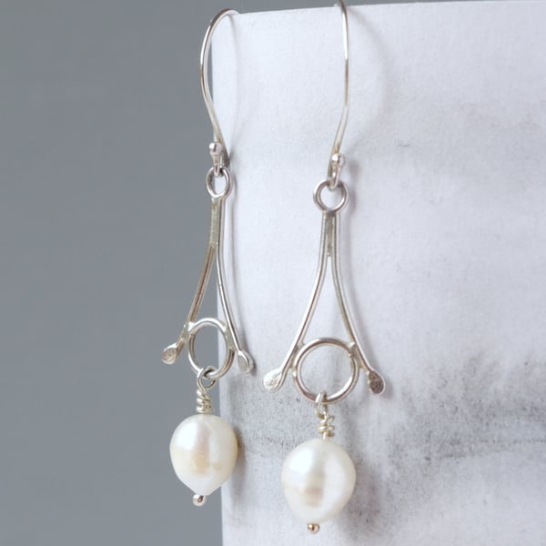Bridal Freshwater Pearl and Sterling Silver Stylized Snowdrop Earrings