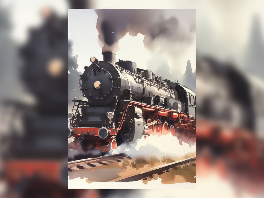 Classic Steam Locomotive Art Print 5x7 - Vintage Train Wall Decor