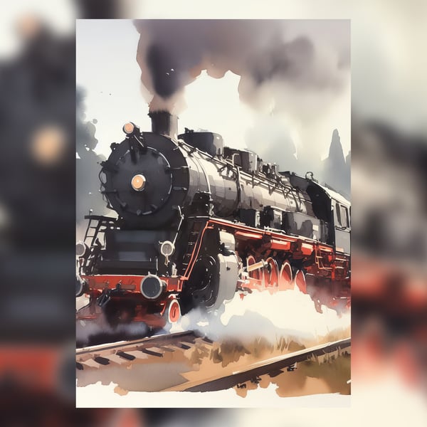 Classic Steam Locomotive Art Print 5x7 - Vintage Train Wall Decor