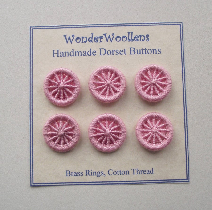 Dorset Buttons, Handmade, Pink Cotton Thread on Brass Rings
