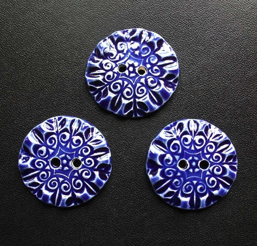 set of three large royal blue ceramic buttons 