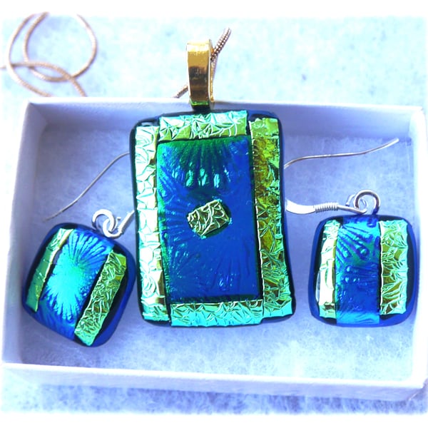 Dichroic Glass Pendant Earring Set 091 Teal Blue with Gold Plated Chain