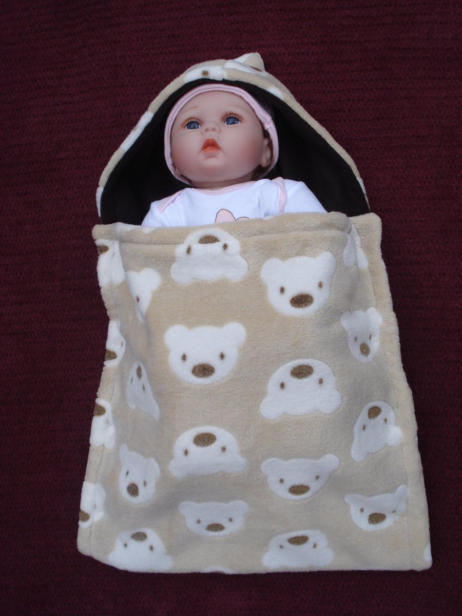 Handmade Cuddle Fleece Cocoon With Teddy Faces And Brown Lining (R638)