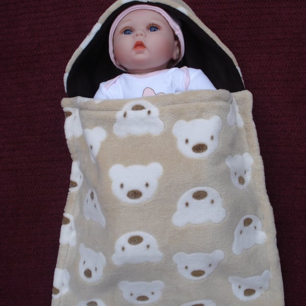 Handmade Cuddle Fleece Cocoon With Teddy Faces And Brown Lining (R638)
