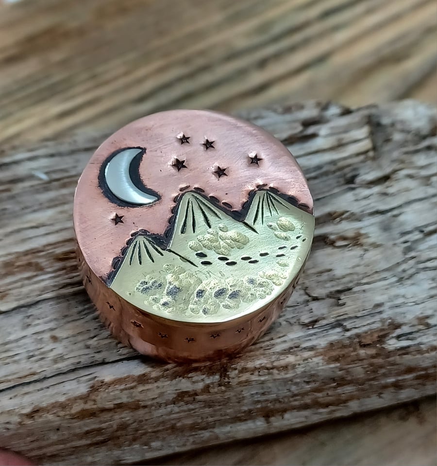 Copper box, miniature collectable copper, brass and silver mountain box