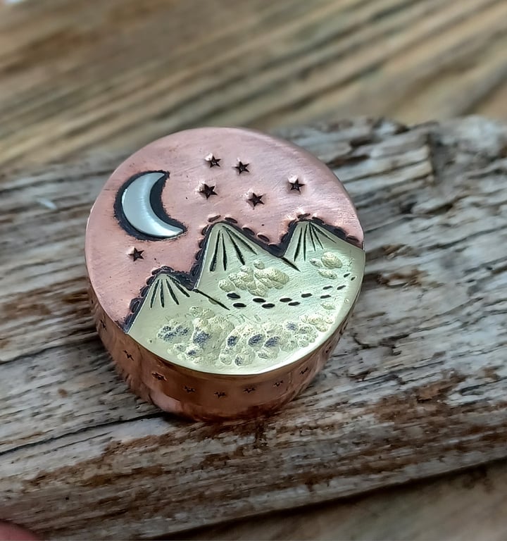 Copper box, miniature collectable copper, brass and silver mountain box