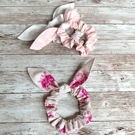 Pretty Pink & White Bunny Ear Scrunchie Pack, Removable Bows. Romance Core Vibe.