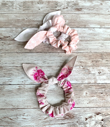Pretty Pink & White Bunny Ear Scrunchie Pack, Removable Bows. Romance Core Vibe.