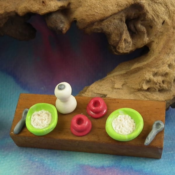 Sale Tiny Gnome breakfast table with cereal bowls fixed OOAK