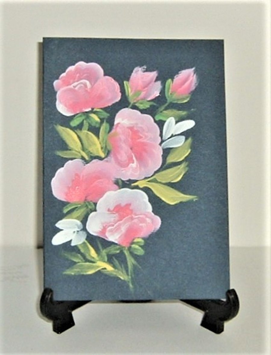 original art hand painted roses floral greetings card ( ref F 732)
