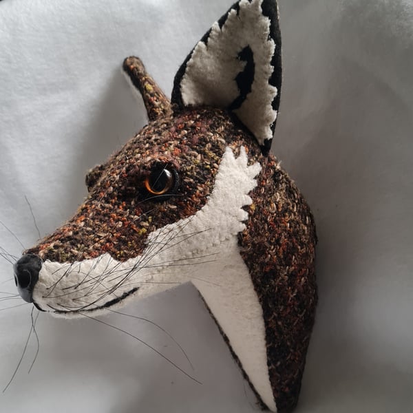 Faux fox wall mount in brown coloured tweed