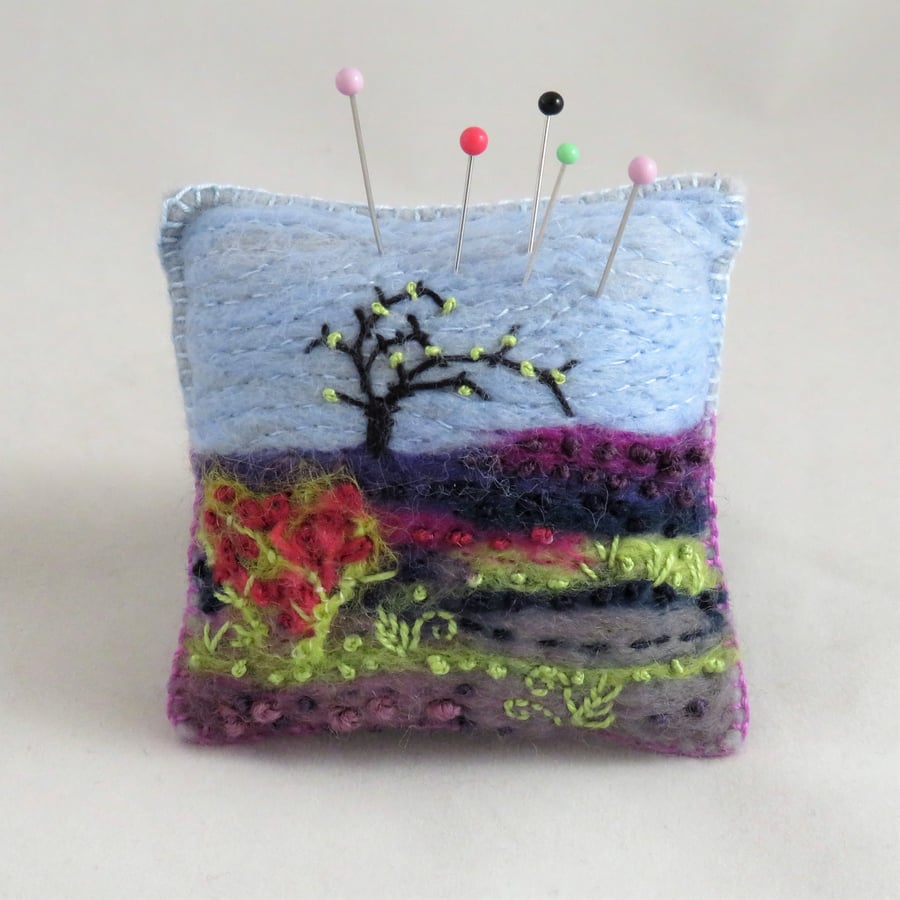 Moorland Pincushion Embroidered and Felted