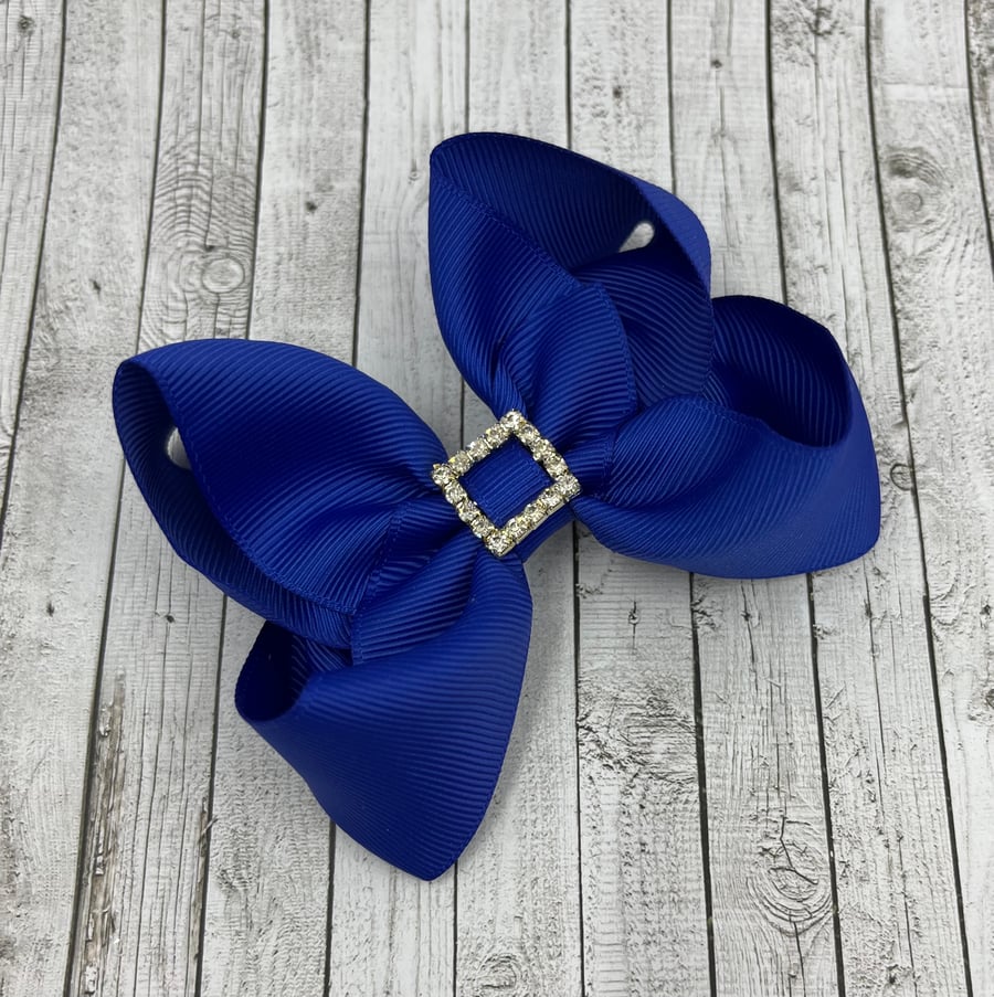 4 inch Cobalt Blue Boutique Bow with Diamante Buckle