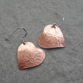Patterned Copper Heart Earrings Dangle Earrings With Sterling Silver Ear Wires