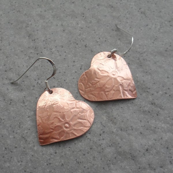 Patterned Copper Heart Earrings Dangle Earrings With Sterling Silver Ear Wires