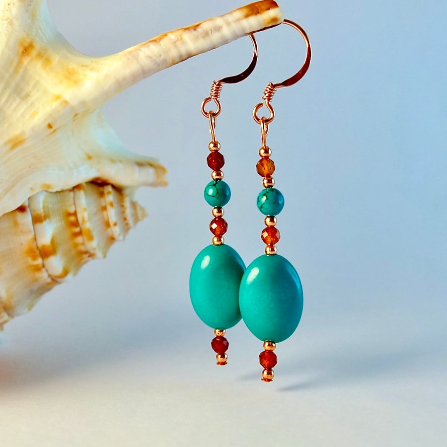 Real Turquoise & Garnet Earrings, Birthday Gift, December Birthstone Jewellery
