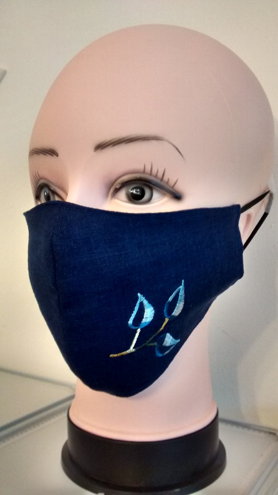 Handmade 3 layers dark blue with 1 flower reusable adult face mask.