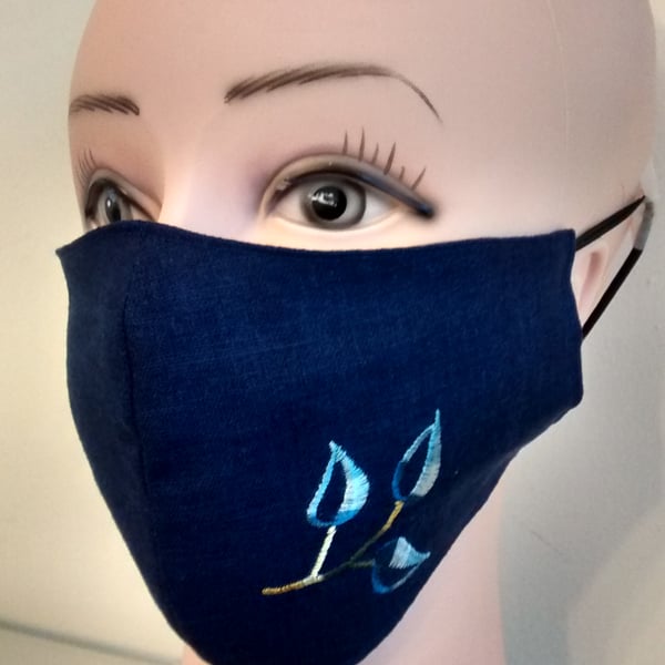 Handmade 3 layers dark blue with 1 flower reusable adult face mask.