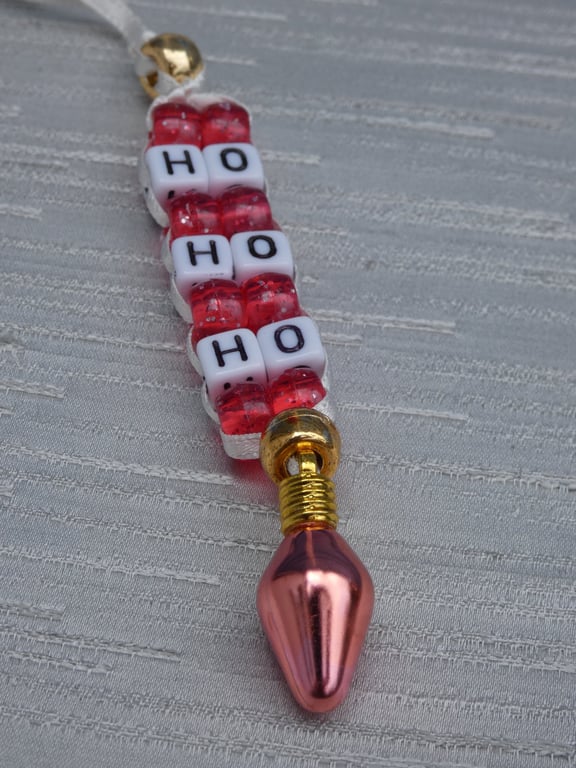 'Ho, Ho, Ho' beaded Christmas tree decoration, with 'fairy light' charm