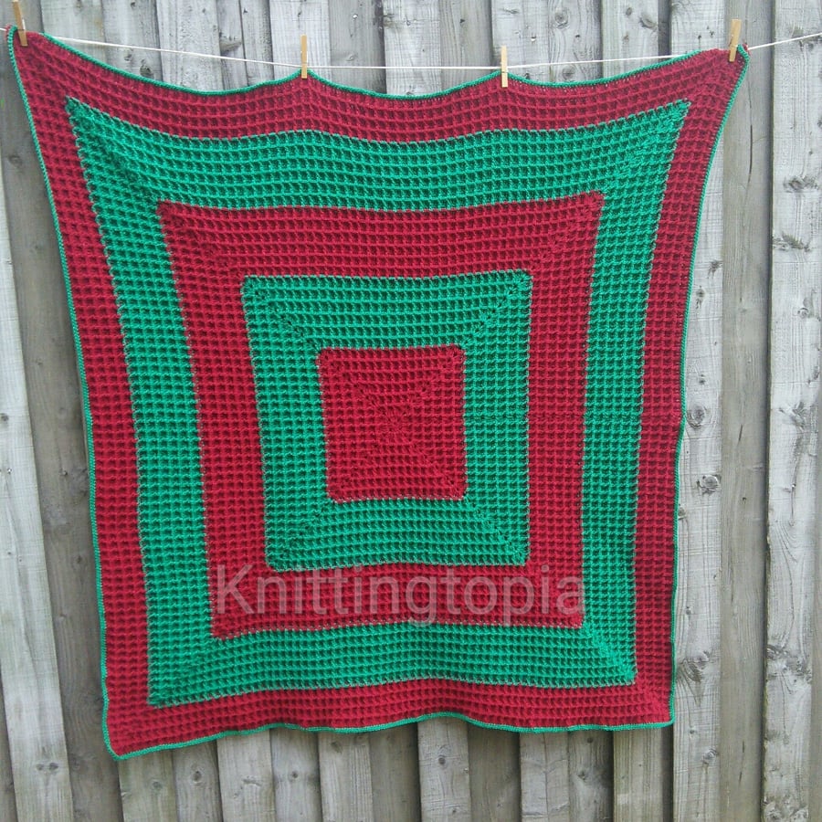 Hand crocheted waffle stitch blanket burgundy red and emerald green sofa throw 