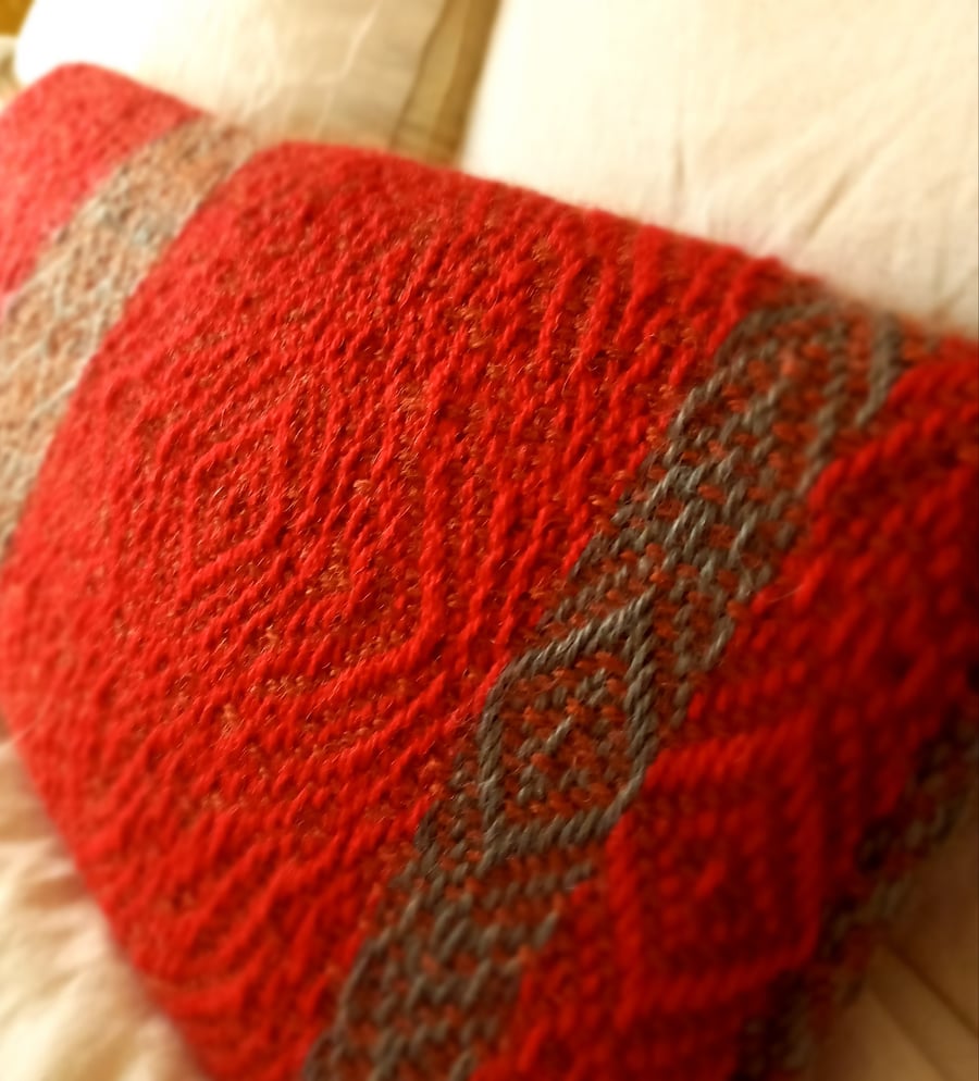 NOW HALF PRICE!  Red Rose Patchwork Lumbar Handwoven Cushion