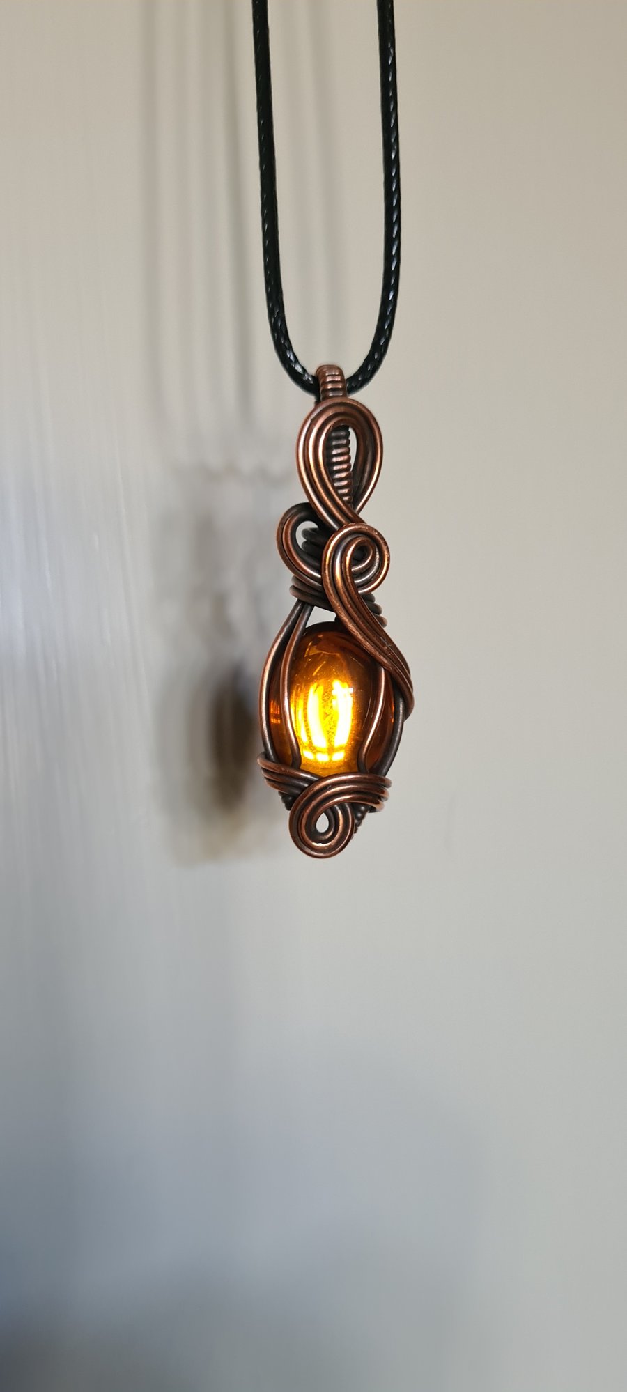 Yellow Amber Glass & Copper Wire Wrap Pendant Necklace Gift Handmade Jewellery