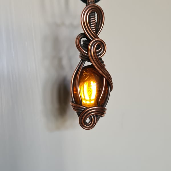 Yellow Amber Glass & Copper Wire Wrap Pendant Necklace Gift Handmade Jewellery