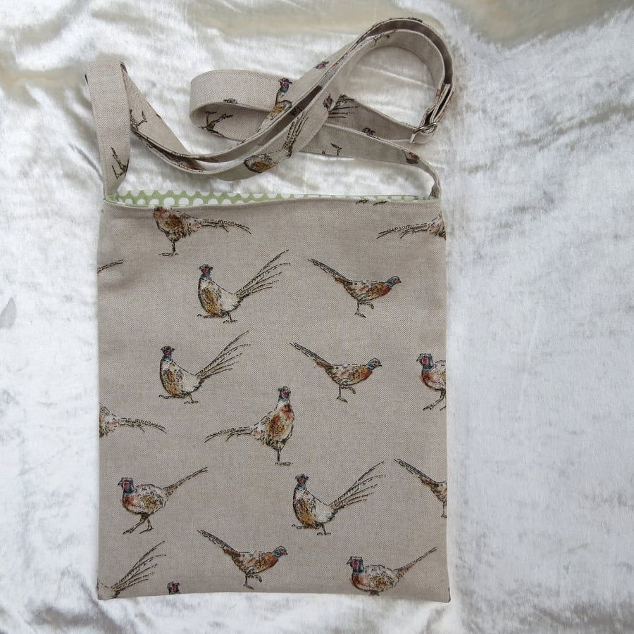 Drain bag.  Mastectomy drain bag.  A lined drain bag with a pheasant design.