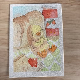 Sneak Sarnie, miniature watercolour painting, watercolour paper, trading card