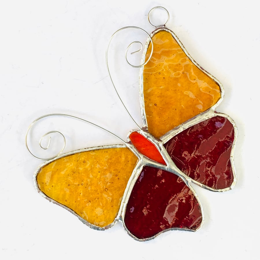 Stained Glass Butterfly Suncatcher - Handmade Decoration - Red and Amber