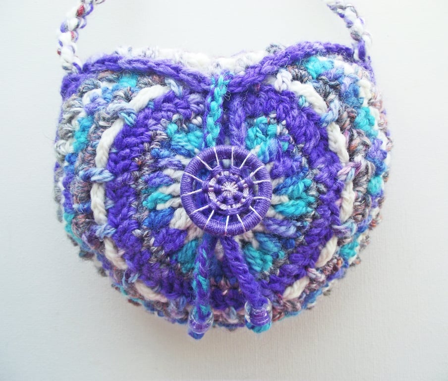 Small Round Crochet Crossbody Boho Festival Bag or Hip Purse, Handspun Wool 