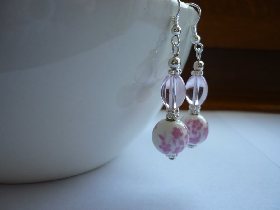PINK, WHITE AND SILVER - PORCELAIN BEAD EARRINGS.