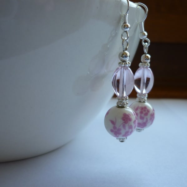 PINK, WHITE AND SILVER - PORCELAIN BEAD EARRINGS.