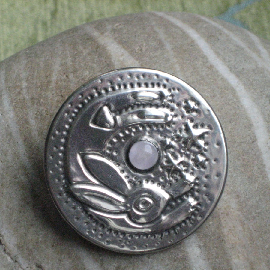  Leaping Hare Silver Pewter Brooch with Rose Quartz.
