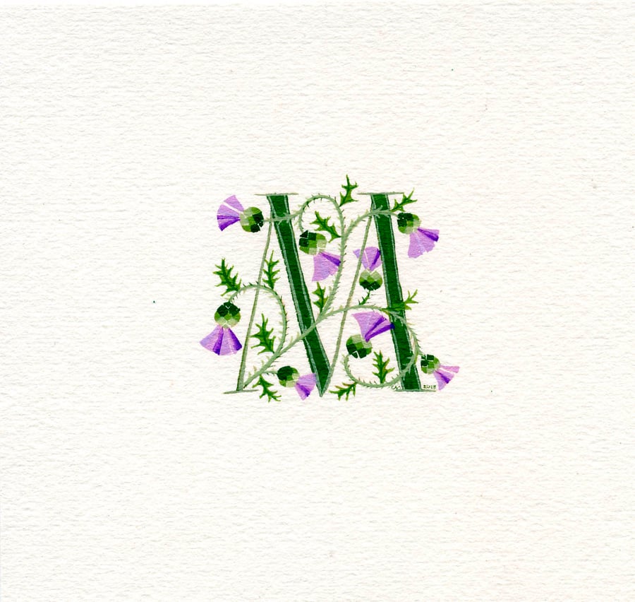 Initial letter M in green with Scots thistles custom letters.
