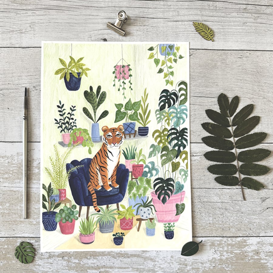 Original Tiger Painting - Plant Gouache Painting - One of a kind