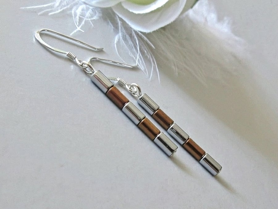 Slim Non Magnetic Hematite Tube Earrings In Bronze & Silver