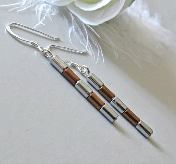 Slim Non Magnetic Hematite Tube Earrings In Bronze & Silver