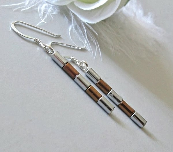 Slim Non Magnetic Hematite Tube Earrings In Bronze & Silver