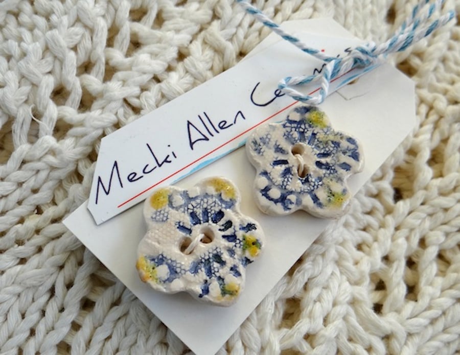 Ceramic Petal-Shaped Buttons in Blue, Lemon and Cream - Handmade Pottery
