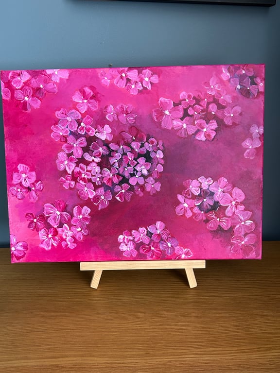 Pink floral original, hand painted acrylic artwork 16x12" approx