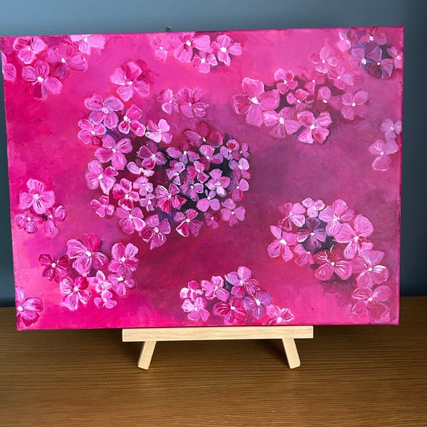 Pink floral original, hand painted acrylic artwork 16x12" approx