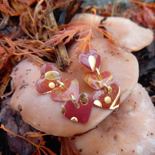 Triple Falling Red and Gold Heart Studs