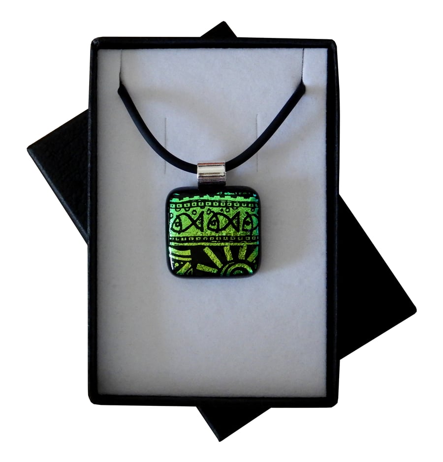 HANDMADE FUSED DICHROIC GLASS 'AZTEC' PENDANT.