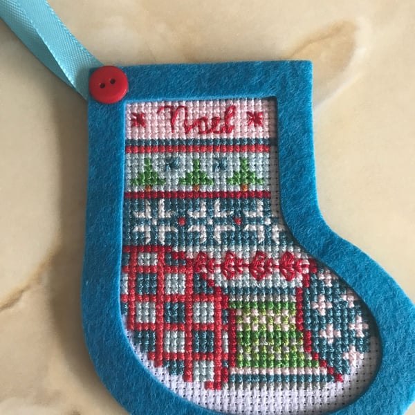 Christmas tree decoration. Cross stitched Christmas stocking tree decoration. St